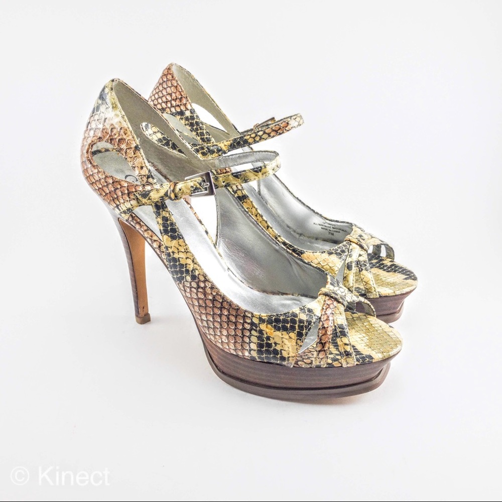 GUESS ankle strap peep toe leather heels